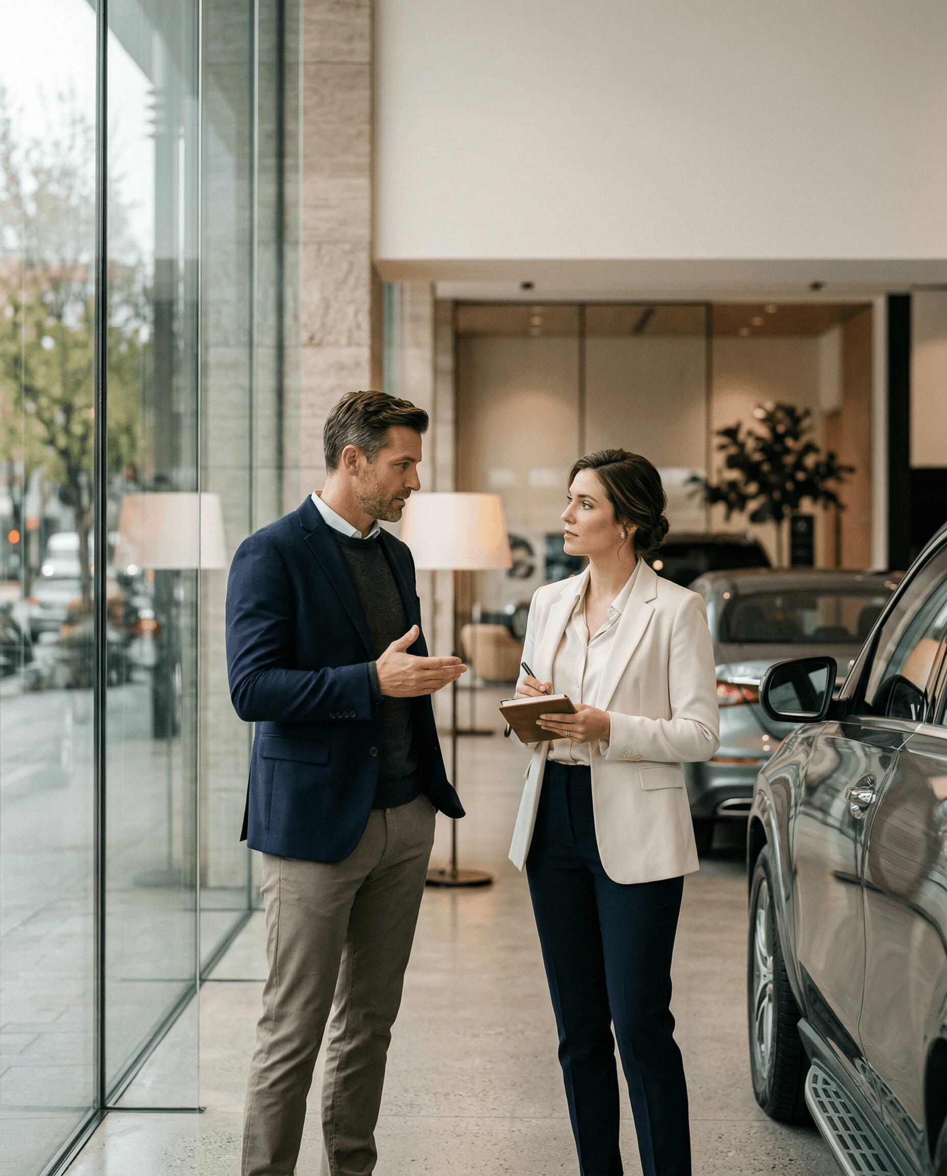 A salesperson speaking with a prospective buyer inside a premium car dealership showroom